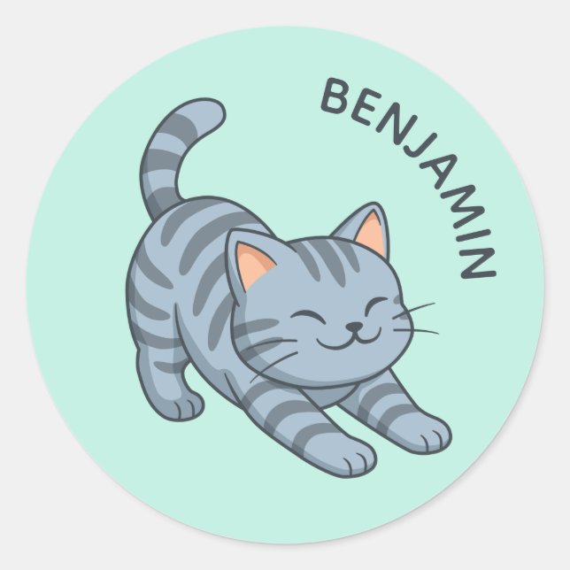 Stretching Grey Tabby Cat Green Custom Name Classic Round Sticker (Front)