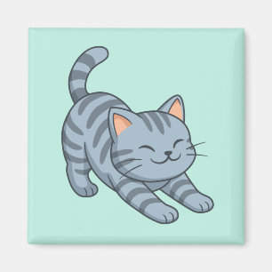 Stretching Grey Tabby Cat Green Magnet