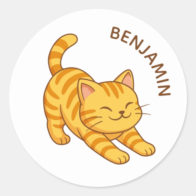 Stretching Orange Tabby Cat Custom Name Classic Round Sticker (Front)
