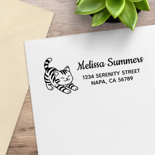 Stretching Tabby Cat Return Address Rubber Stamp