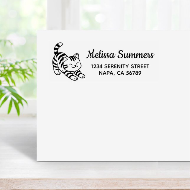 Stretching Tabby Cat Return Address Rubber Stamp (Creator Uploaded)