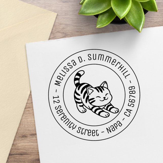 Stretching Tabby Cat Round Address Rubber Stamp (Creator Uploaded)