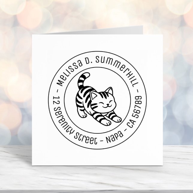 Stretching Tabby Cat Round Address Self-inking Stamp (Creator Uploaded)