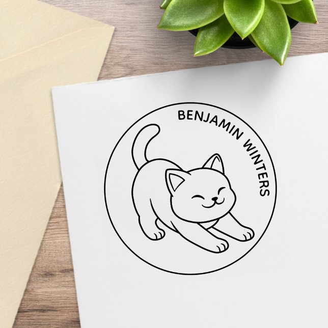 Stretching White Cat Custom Text Rubber Stamp (Creator Uploaded)