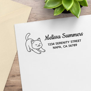 Stretching White Cat Return Address Rubber Stamp