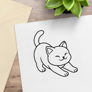 Stretching White Cat Rubber Stamp
