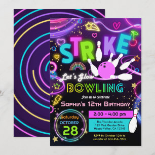 Strike Let's Glow Bowling Girl Birthday Invitation