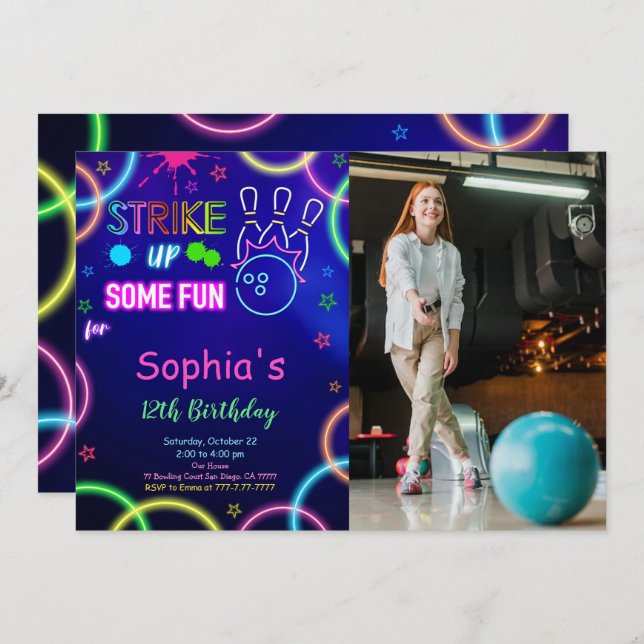 STRIKE UP Bowling Birthday Photo Invitation (Front/Back)