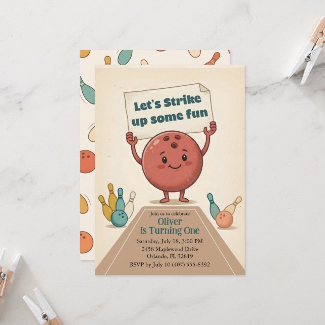 Strike Up Some Fun Bowling Party Boy 1st Birthday Invitation (Front/Back In Situ)