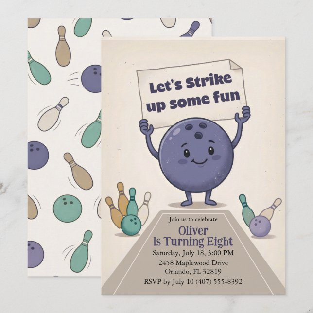 Strike Up Some Fun Bowling Party Boy 8th Birthday Invitation (Front/Back)