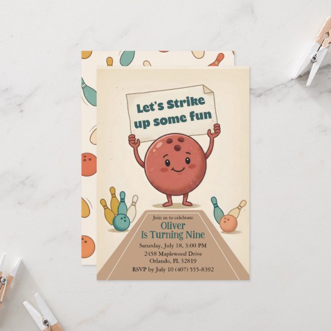 Strike Up Some Fun Bowling Party Boy 9th Birthday Invitation (Front/Back In Situ)