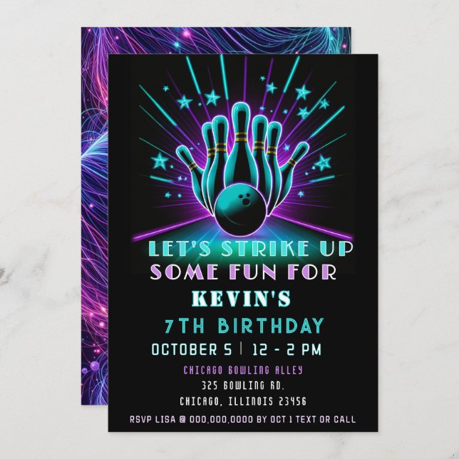 Strike Up Some Fun Neon Glow Bowling Birthday Invitation (Front/Back)