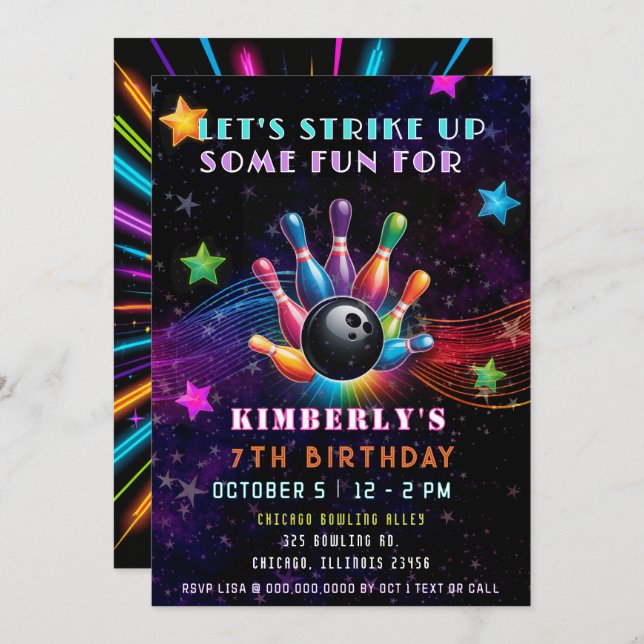 Strike Up Some Fun Neon Glow Bowling Birthday Invitation (Front/Back)