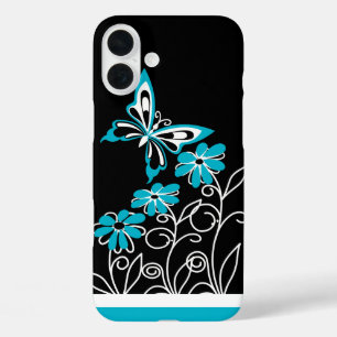 Striking Aqua Blue Butterfly and Flowers iPhone 16 Plus Case