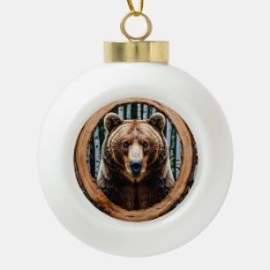 Striking bear portrait ceramic ball christmas ornament