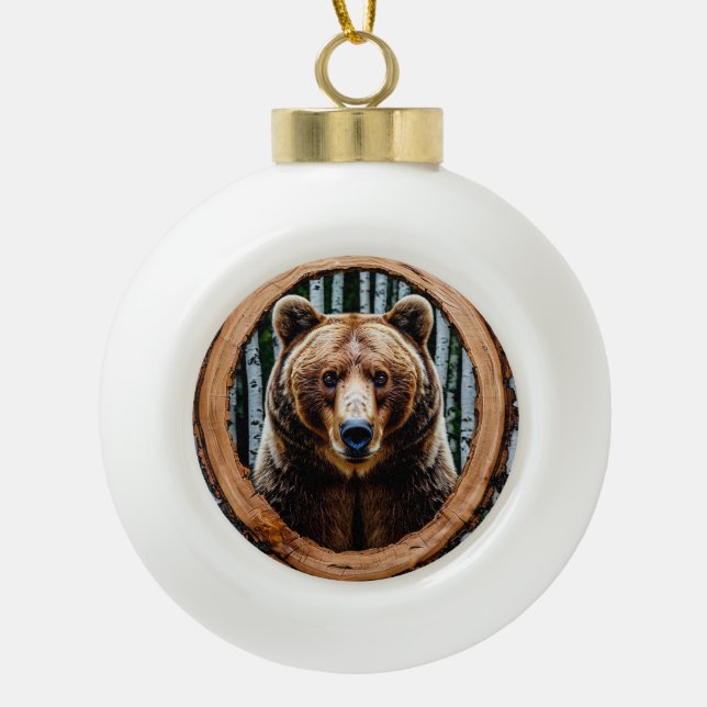 Striking bear portrait ceramic ball christmas ornament (Front)