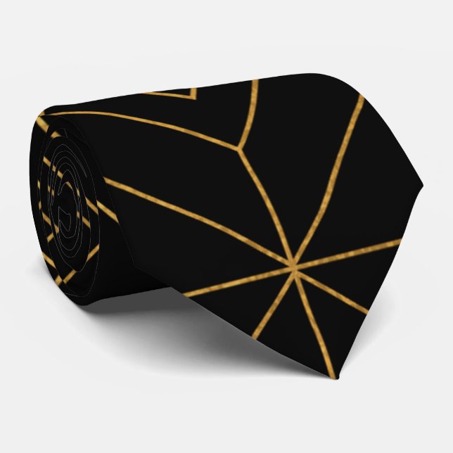 Striking Black and Gold Geometric Neck Tie  (Rolled)