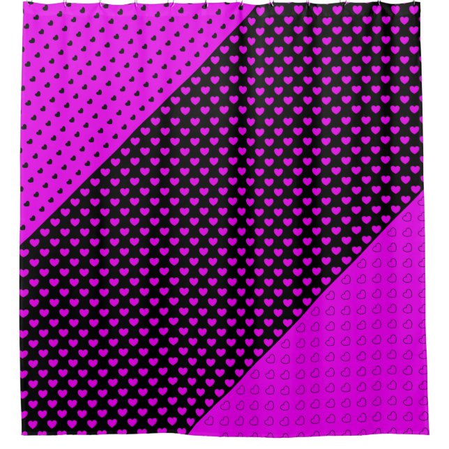 Striking Black And Pink Shower Curtain With Hearts (Front)