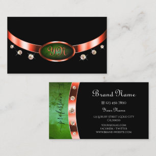 Striking Black Bright Copper Green Marble Monogram Business Card