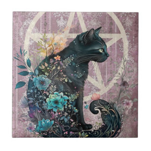 Striking Black Cat Jewel-Toned Pentacle Flowers Ceramic Tile