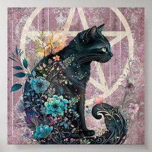Striking Black Cat Jewel-Toned Pentacle Flowers Poster