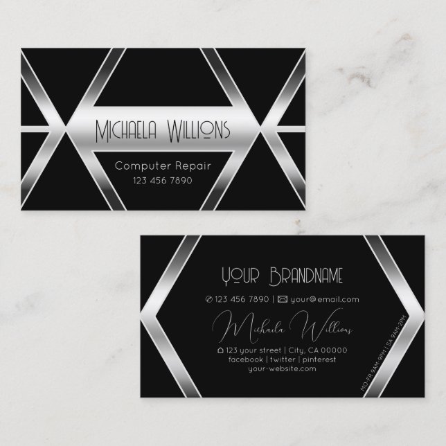 Striking Black Geometric Chic Silver Eye Catching Business Card (Front/Back)