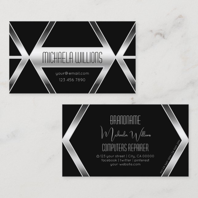 Striking Black Geometric Modern Silver Eye Catcher Business Card (Front/Back)