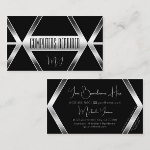 Striking Black Geometric with Silver and Monogram Business Card