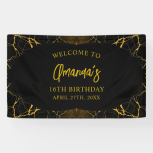 Striking Black & Gold Marble Sweet 16 Birthday Banner