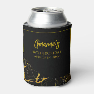 Striking Black & Gold Marble Sweet 16 Birthday Can Cooler