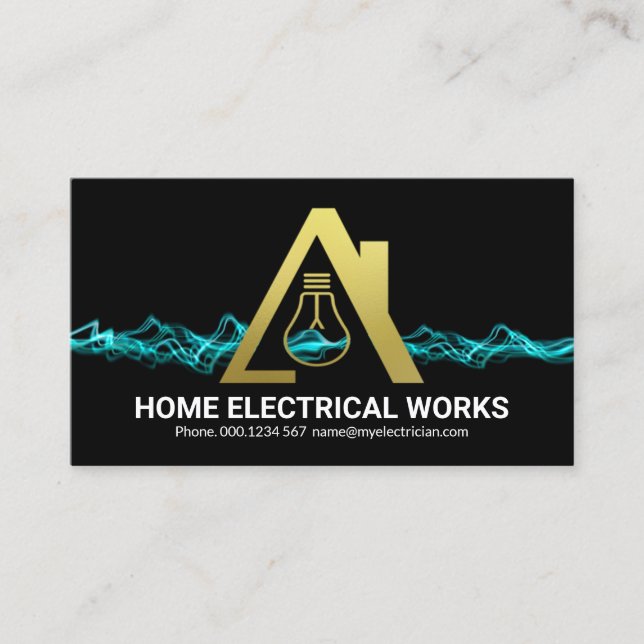 Striking Blue Lightning Gold Bulb Home Electrician Business Card (Front)
