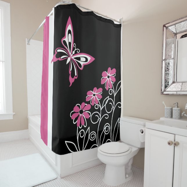 Striking Cranberry Pink Butterfly and Flowers Shower Curtain (In Situ)