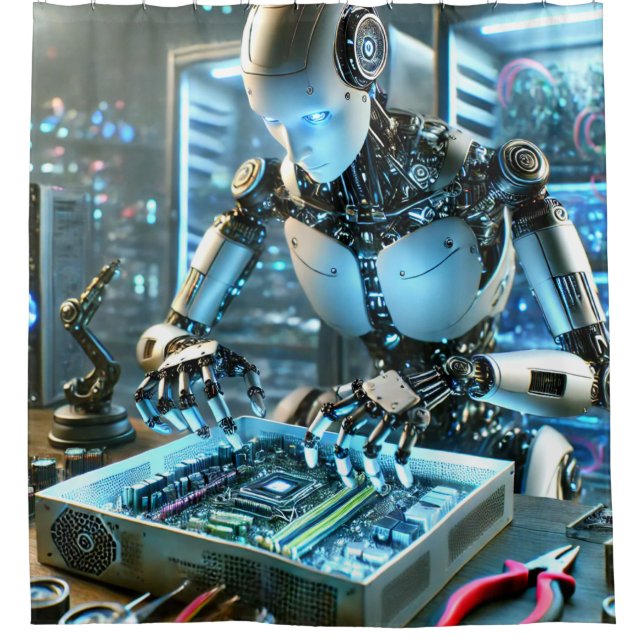 Striking Futuristic Robot Engineer Shower Curtain (Front)
