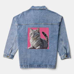 Striking Gray Tabby Cat with Green Eyes Denim Jacket