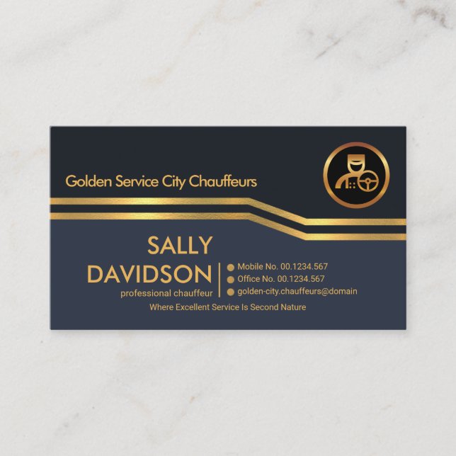 Striking Minimalist Gold Stripes Chauffeur Business Card (Front)