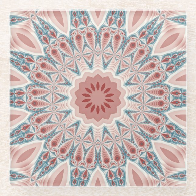 Striking Modern Kaleidoscope Mandala Fractal Art Glass Coaster (Front)