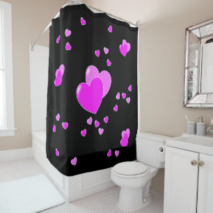 Striking Pink Hearts on Black Shower Curtain