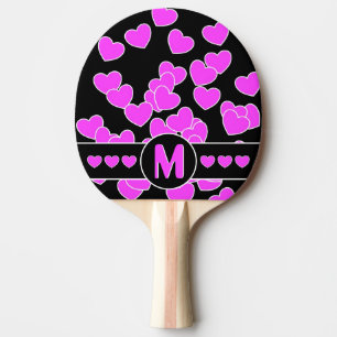 Striking Pink Hearts On Black / White, Monogram Ping Pong Paddle