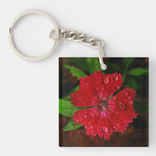 Striking Red Dianthus Flower With Raindrops Photo Key Ring