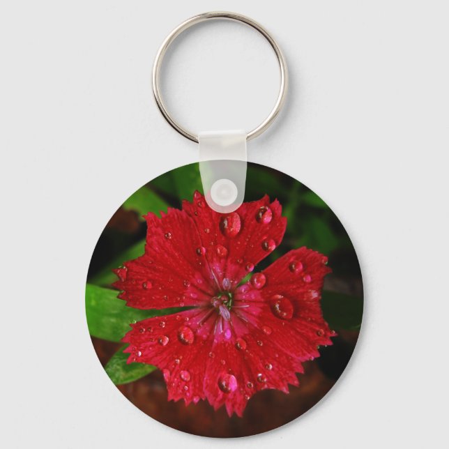 Striking Red Dianthus Flower With Raindrops Photo Key Ring (Front)