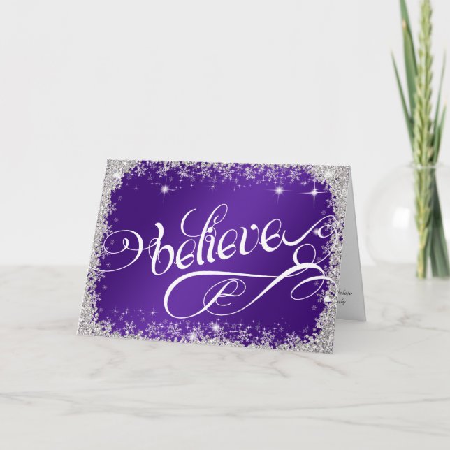 Striking Royal Purple believe message PERSONALIZE Holiday Card (Front)
