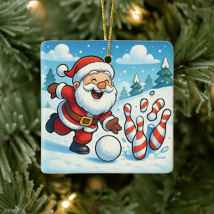 Striking Santa Bowling Candy Cane Lane Personalize Ceramic Ornament