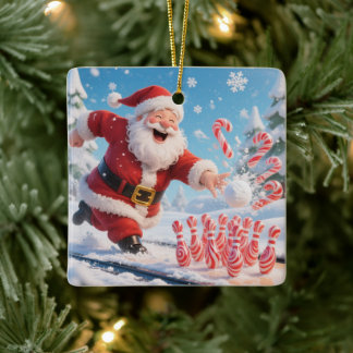 Striking Santa Bowling Candy Cane Lane Personalize Ceramic Ornament