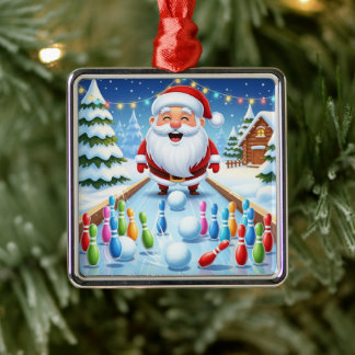 Striking Santa Bowling Candy Cane Lane Personalize Metal Ornament