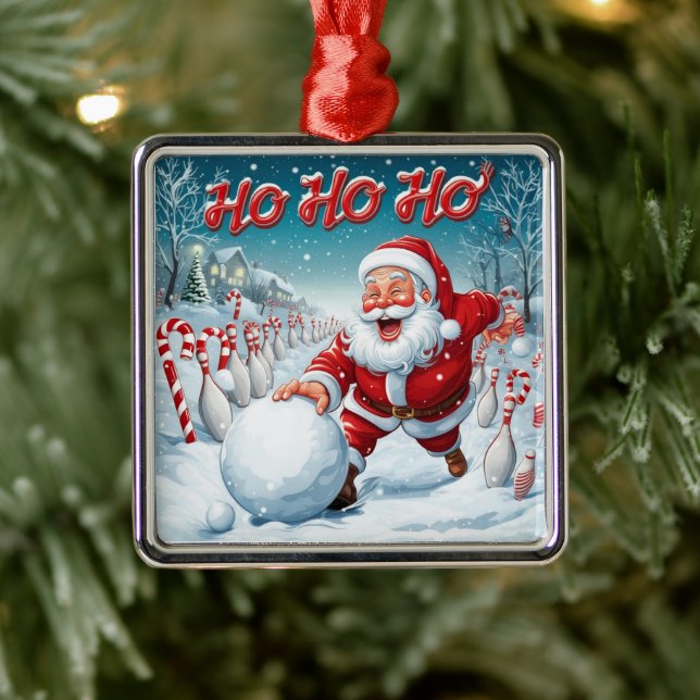 Striking Santa Bowling Candy Cane Lane Personalize Metal Ornament (Tree)