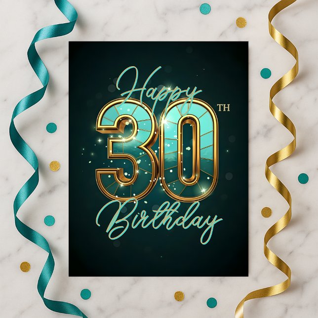 Striking Shimmering Teal and Gold 30th Birthday  Postcard (Creator Uploaded)
