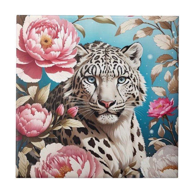 Striking Snow Leopard Gaze And Pink Peonies Ceramic Tile (Front)