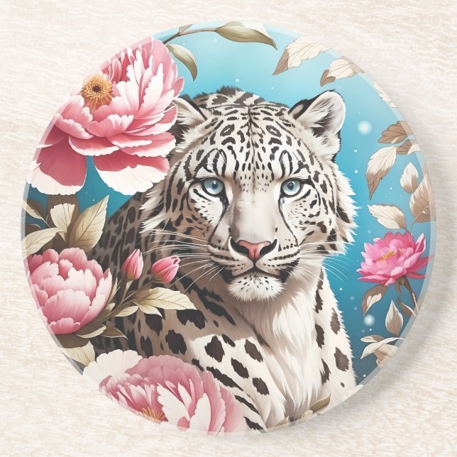 Striking Snow Leopard Gaze And Pink Peonies Coaster (Front)