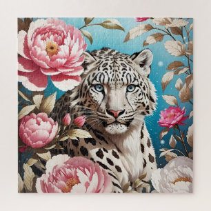 Striking Snow Leopard Gaze And Pink Peonies Jigsaw Puzzle