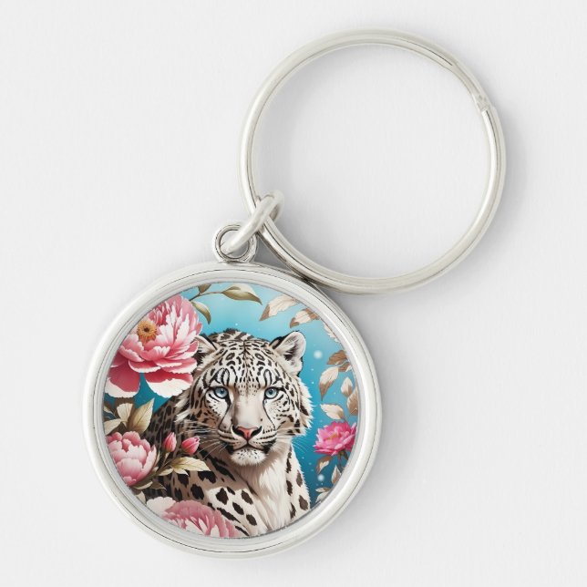 Striking Snow Leopard Gaze And Pink Peonies Key Ring (Front)